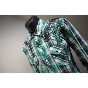 Pop Icon Western Pearl Snaps Shirt Vintage Plaid Button Up Mens Size Large